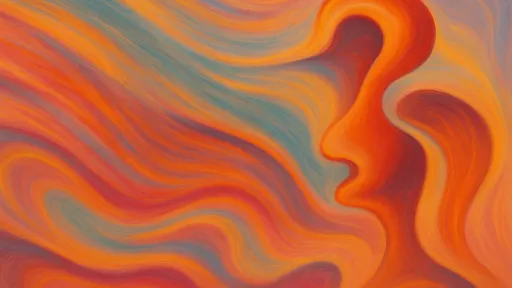 Abstract art with swirling orange and blue shapes, resembling a face in profile.